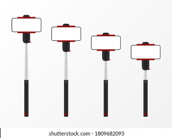 Monopods of different length with empty screen mobile phone realistic mockups set. Selfie sticks adjustable with device blank templates collection. Vector monopods illustration isolated on white.