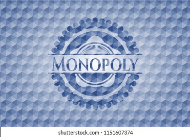 Monopoly blue emblem with geometric background.