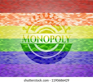 Monopoly emblem on mosaic background with the colors of the LGBT flag