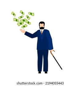 Monopoly Man. Businessman With A Cane, Creating Money Out Of Thin Air. Clipart For Website About Business, Exchanges, Trading. Vector Flat Illustration, Cartoon Style.