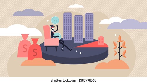 Monopoly vector illustration. Flat tiny rich particular commodity person concept. Wealth and power symbolic banking character. Abstract economy term visualization with greedy investor or single seller