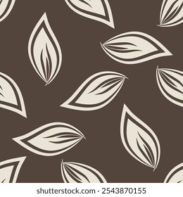 Monoprint style scattered leaves seamless vector pattern background. Simple lino cut effect painterly leaf foliage on dark brown backdrop. Hand drawn design. Minimal repeat for business, print