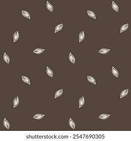 Monoprint style scattered leaves seamless vector pattern background. Simple lino cut effect painterly leaf foliage on dark brown backdrop. Hand drawn design. Ditzy small elements repeat