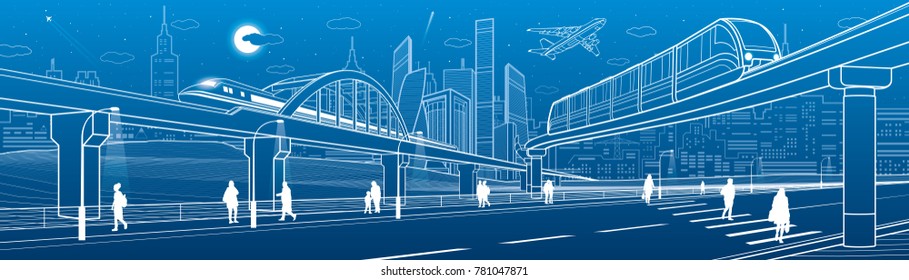 Monorail Bridge Across The Highway. Railroad Overpass. Train Move. Urban Infrastructure, Modern City, Industrial Architecture. People Walking. White Lines Illustration, Vector Design Art 