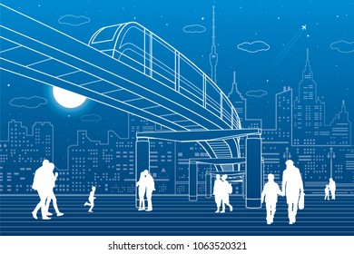 Monorail bridge across the highway. Urban infrastructure, modern city on background, industrial architecture. People walking. White lines illustration, night scene, vector design art 