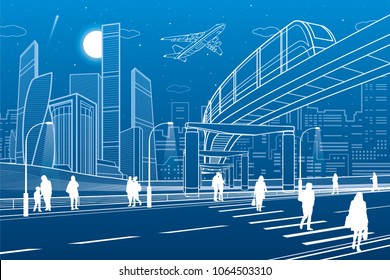 Monorail bridge across the highway. Urban infrastructure, modern city on background, industrial architecture. People walking. White lines illustration, night scene, vector design art 