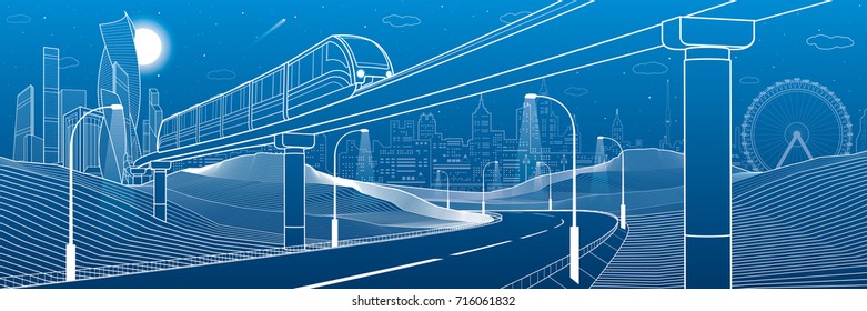 Monorail in mountains. Illuminated highway. Transportation illustration. Tower and skyscrapers, modern city, business buildings. Night scene. White lines on blue background. Vector design art