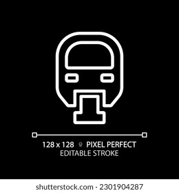 Monorail pixel perfect white linear icon for dark theme. Fast train. Airport transfer. Transport system. Mono rail. Smart city. Thin line illustration. Isolated symbol for night mode. Editable stroke