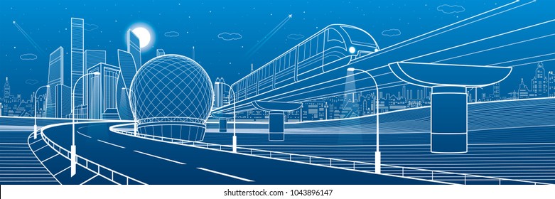 Monorail railway and illuminated highway. Transportation urban illustration. Skyline modern city at background. Business buildings. Night town. White lines on blue background. Vector design art