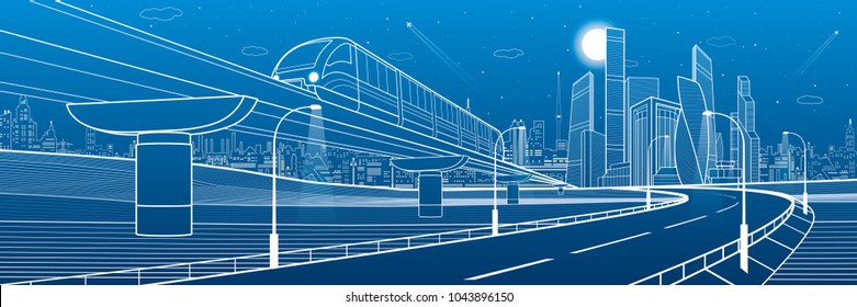 Monorail railway and illuminated highway. Transportation urban illustration. Skyline modern city at background. Business buildings. Night town. White lines on blue background. Vector design art