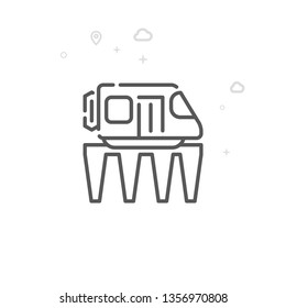 Monorail Road Train Vector Line Icon. City Urban Transport Symbol, Pictogram, Sign. Light Abstract Geometric Background. Editable Stroke. Adjust Line Weight. Design with Pixel Perfection.