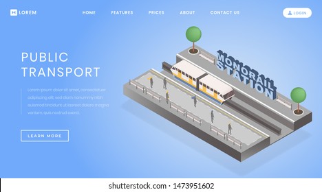 Monorail station landing page vector template. Public transportation website homepage interface idea with flat vector illustrations. Express urban travel service web banner, webpage cartoon concept
