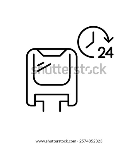 Monorail train and 24 hours symbol. Around the clock transportation and public transit. Pixel perfect vector icon