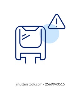 Monorail train and hazard alert symbol. Exclamation mark in triangle. Transit system safety warning, accident emergency notification. Passenger risks and security. Pixel perfect, editable stroke icon