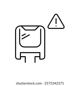 Monorail train and hazard alert symbol. Exclamation mark in triangle. Transit system safety warning, accident emergency notification. Passenger risks and security. Pixel perfect vector icon