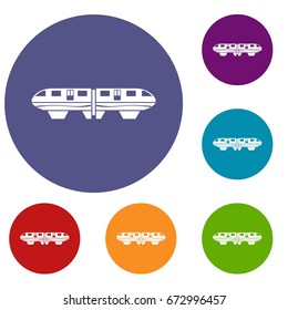 Monorail train icons set in flat circle reb, blue and green color for web