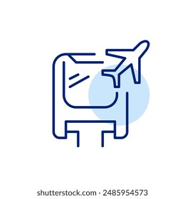 Monorail train and plane. Airport transit. Efficient commuting for international travellers. Pixel perfect, editable stroke icon