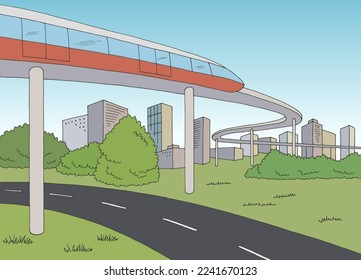 Monorail train road city graphic color landscape sketch illustration vector