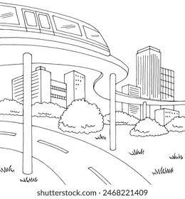 Monorail train road city graphic black white landscape sketch illustration vector 