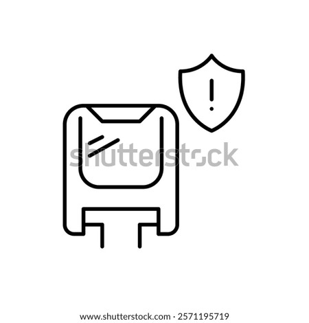 Monorail train, shield and exclamation mark. Road and transport safety, danger notifications. Transit system security warning. Pixel perfect vector icon