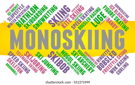 Monoskiing. Word cloud, colored font, white background, winter sport.