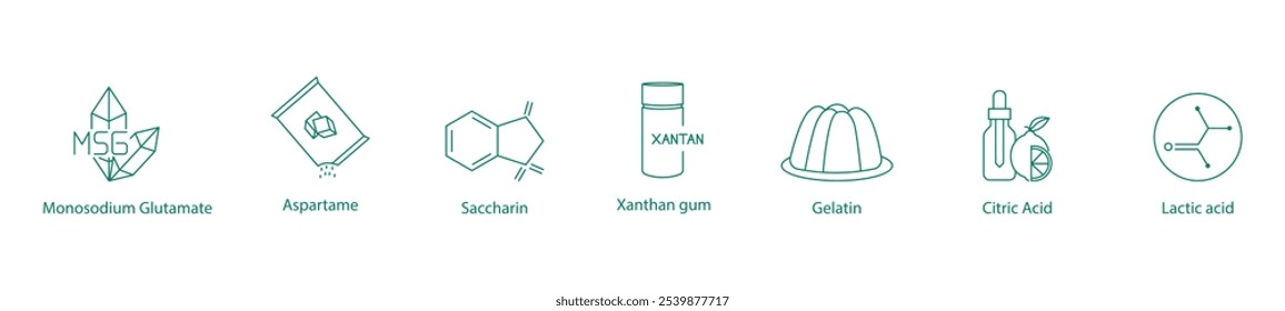 Mononatriumglutamat, Aspartam, Saccharin, Xanthangummi, Gelatine, Zitronensäure, Milchsäure, Vektorsymbol-Set für Lebensmittelzusatzstoffe