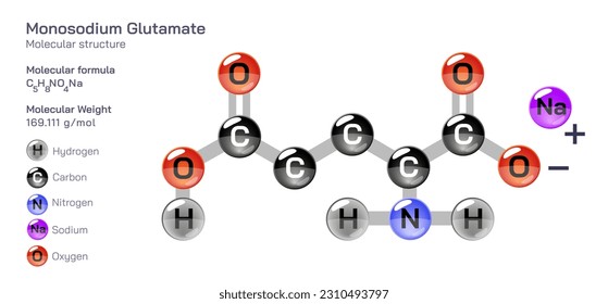 Fórmula de la estructura molecular del glutamato monosódico. Fórmula molecular estructural periódica Diseño vectorial. Compuestos y composición farmacéuticos. Producto fácilmente imprimible con el color CPK correcto.