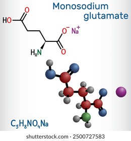 Monosodium glutamate,  MSG, sodium glutamate molecule. It is flavor enhancer E621. Structural chemical formula, molecule model. Vector illustration