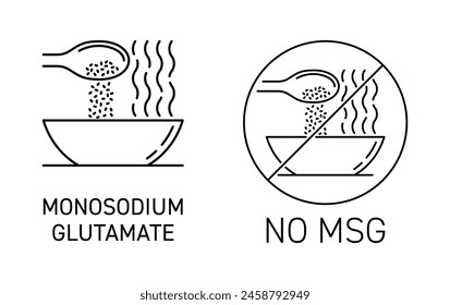 Monosodium glutamate, No MSG - sodium salt of glutamic acid, used in cooking as a flavor enhancer with a savory taste. Icons in thin line, with plate and spoon