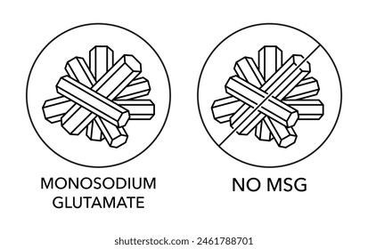 Glutamato monosódico, sin GMS - sal sódica del ácido glutámico, utilizado en la cocina como potenciador del sabor con un sabor salado. Iconos en línea delgada, con cristales