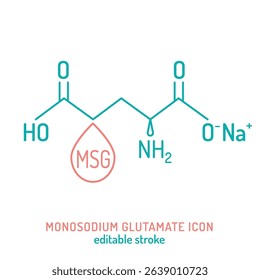 Monosodium glutamate sign. MSG molecule icon, pictogram. Molecular structure. Editable vector illustration isolated on white background. Used in biology, food science, nutrition, chemistry education
