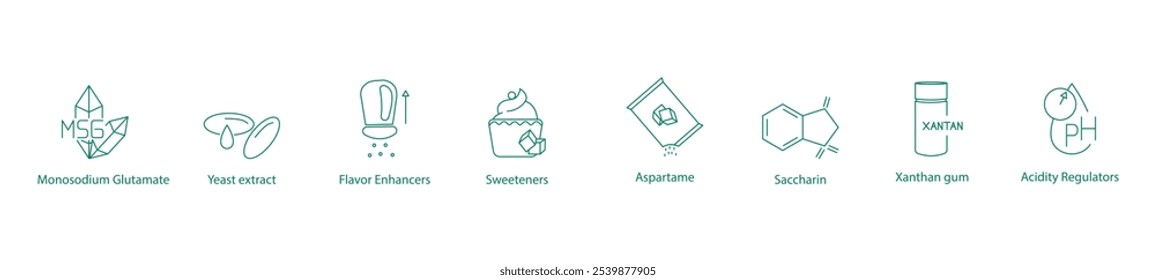 Glutamato monosódico, extracto de levadura, potenciadores del sabor, dulzura, aspartamo, sacarina, goma xantana, reguladores de la acidez Vector Icon Set