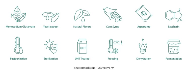 Monosodium Glutamate, Yeast Extract, Natural Flavors, Corn Syrup, Aspartame, Saccharine, Pasteurization, Sterilization, UHT Treatment, Freezing, Dehydration, Fermentation Vector Icon Set