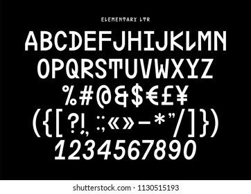 Monospaced fancy weird sans serif playful font, uppercase letters, symbols, numerals and punctuation, display typeface with two styles for posters, prints, invitations, identity design, children books