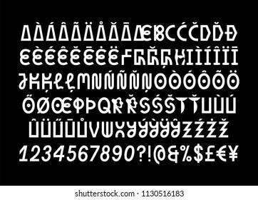 Monospaced fancy weird sans serif playful font, uppercase letters, symbols, numerals and punctuation, display typeface with two styles for posters, prints, invitations, identity design, children books