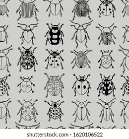 Monotone Beetles Black Linework Doodle Design Seamless Pattern on Grey Background