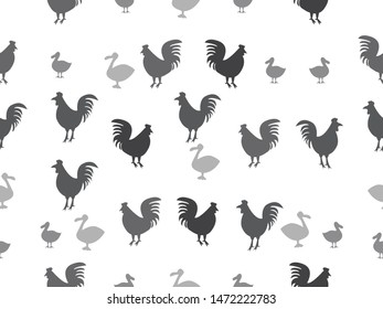 Monotone black and gray color of chicken,duck,vector seamless pattern.
