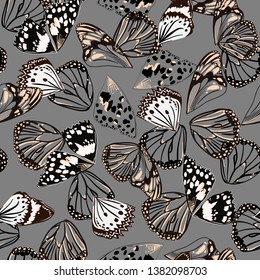 Monotone Black And Grey Colors Seamless Pattern Vectror Of Butterfly Wing Surface Line Hand Drawing Sketch Dsign For Fashion,fabric,web,wallpaper And All Prints On Grey 