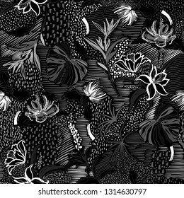 Monotone black and grey hand drawn flower ,tropical palm forest, and blooming florals in line sketch mood seamless pattern in vector design for fashion fabric and all prints on black