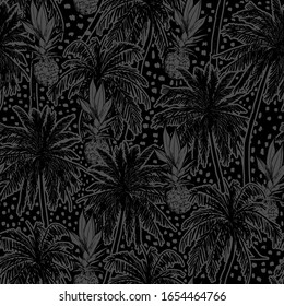 Monotone black and grey Hand drawn palm trees and pineapple with polka dots seamless pattern in vector EPS10 ,Design for fashion,fabric,web,wallpaper,wrapping and all prints 