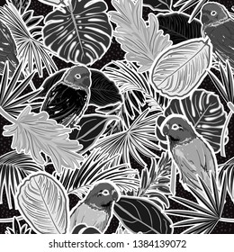 Monotone black and grey hand sketch tropical forest with parrot birds summer vibes  seamless pattern in vector on texture design for fashion,fabric,web,wallpaper and all prints 