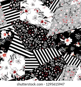 Monotone black and white  in many kind of blooming flowers seanless pattern mixed in difference style of floral seamless pattern in vector,design for fashion,wallpaper,web,fabric and all prints