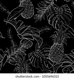 Monotone black and white , summer night Outline hand drawing Exotic leaves seamless pattern. Tropical leaves and pineapples summer vector on blackt color  background 