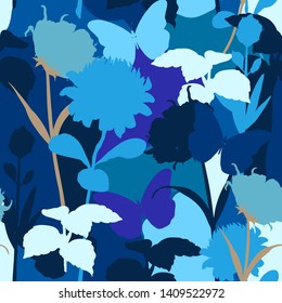 Monotone blue color Modern and silhouette of protea floral and botanical plants seamless pattern in stylish vector pop art style design for fashion,fabric,web,wallpaper, and all prints 