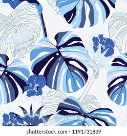 Monotone blue color Seamless pattern vector tropical floral . Modern exotic  jungle and plants illustration in hand drawn style design for fashion,fabric,wallpaper and all prints on light