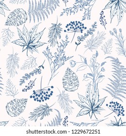 Monotone blue color Seamless pattern. Hand drawn vector illustrations - Forest Autumn botanical, acorns, pine cones, maple leaves. Design for fashion,fabric,wallpaper and all prints on white