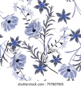 Monotone blue Embroidery wild flowers . Stitching art. symbol, Bloomimg design. Embroidery botanical garden floral Template t-shirt design, clothes on white Monotone blue Embroidery wild flowers . Stitching art. symbol, Bloomimg design. Embroidery botanical garden floral Template t-shirt design, clothes on white