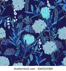 Monotone blue floral pattern in the many kind of flowers. Tropical botanical  . Seamless vector texture.fashion prints. Printing with in hand drawn style on dark navy blue  background.