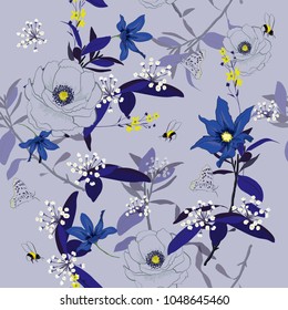 Monotone blue Floral seamless pattern blooming  flowers Botanical  Seamless vector texture. Elegant template for fashion prints. Printing with in hand drawn style on light grey background.