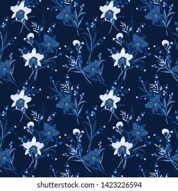 Monotone in blue of Floral seamless pattern with Orchids. Hand drawn vector illustration. Design for fashion,fabric,web,wallpaper, and all prints on dark blue background color